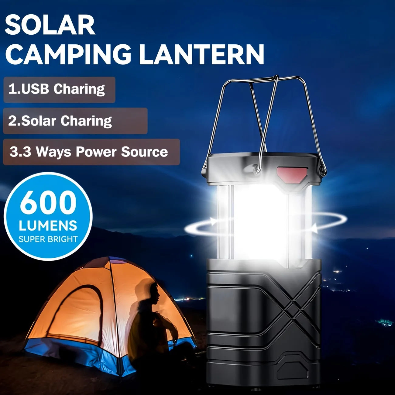 Solar Camping Lantern Pack Rechargeable USB C LED Light