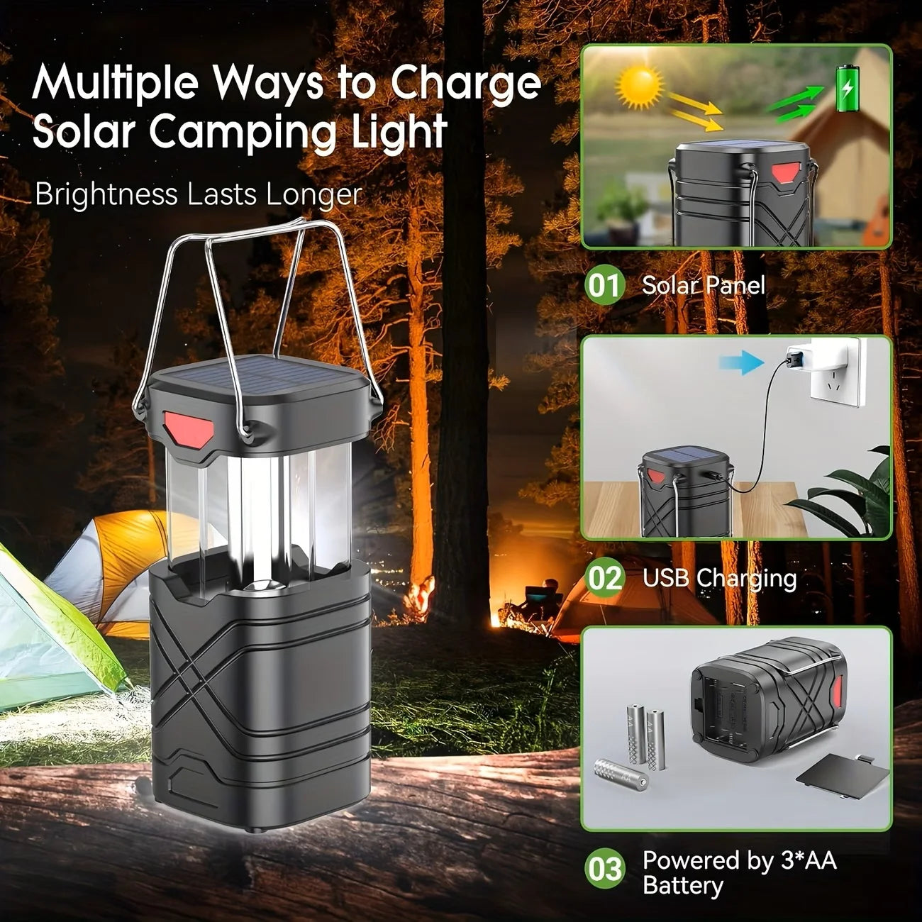 Solar Camping Lantern Pack Rechargeable USB C LED Light