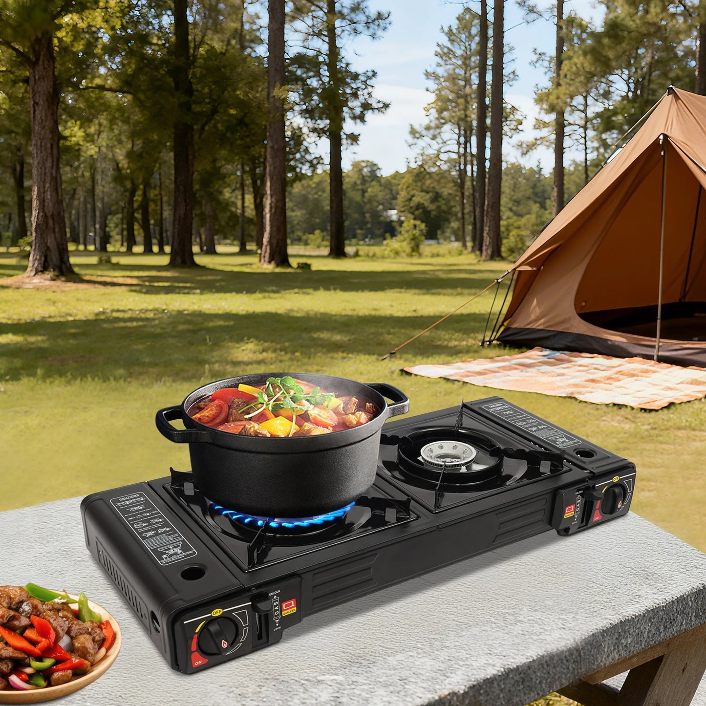 Portable Dual Fuel Camp Stove With Piezo Ignition Griddle