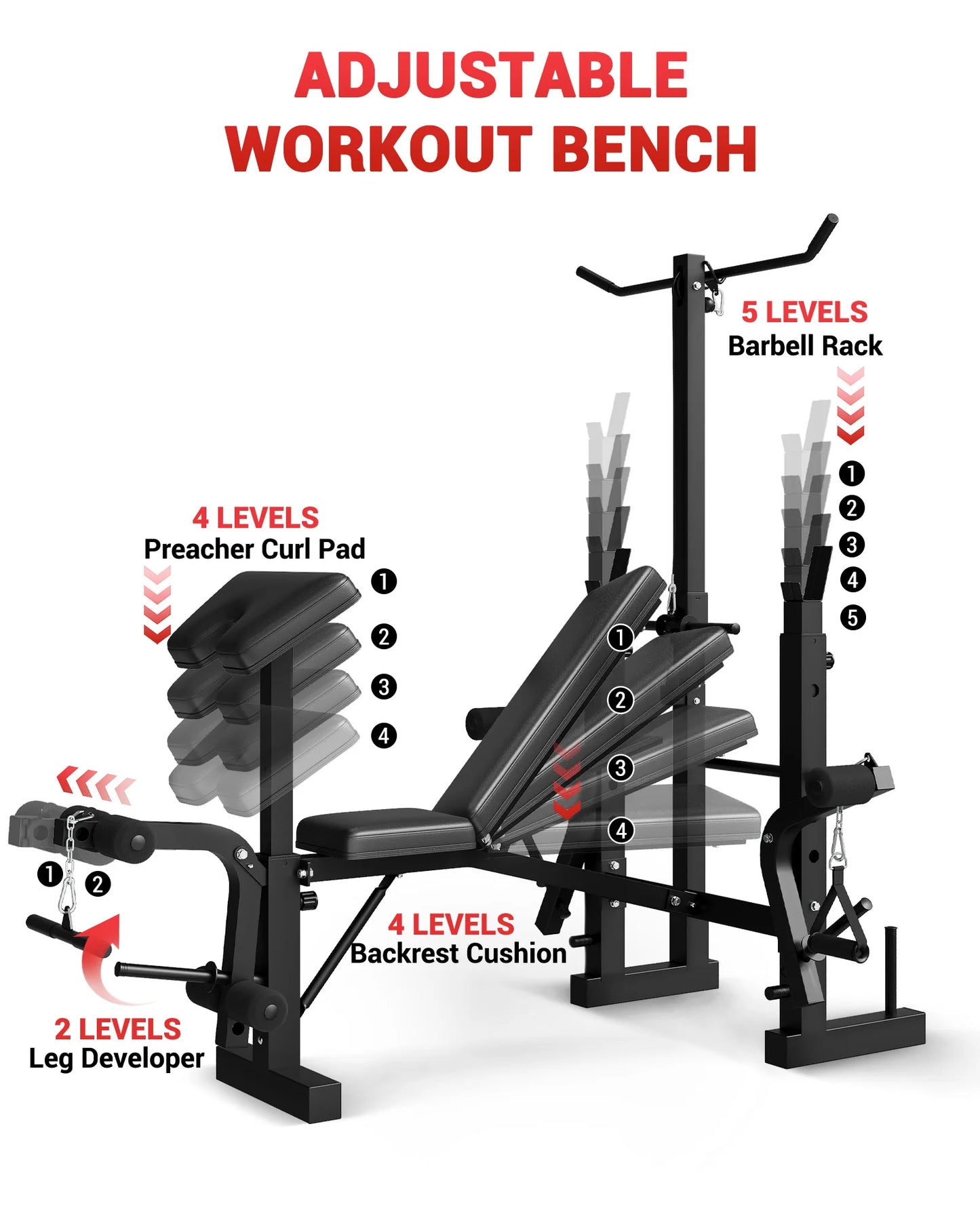 HiMISS 4-in-1 Adjustable Weight Bench With Leg Developer