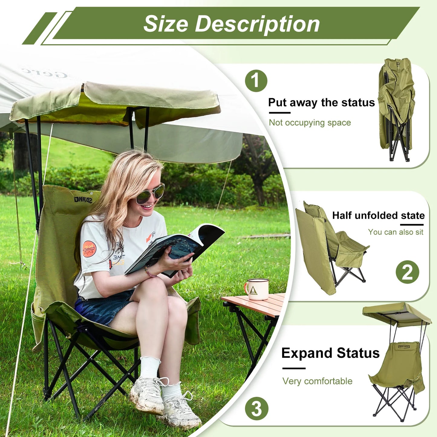 Young Wood Portable Camping Chair With Shade Canopy