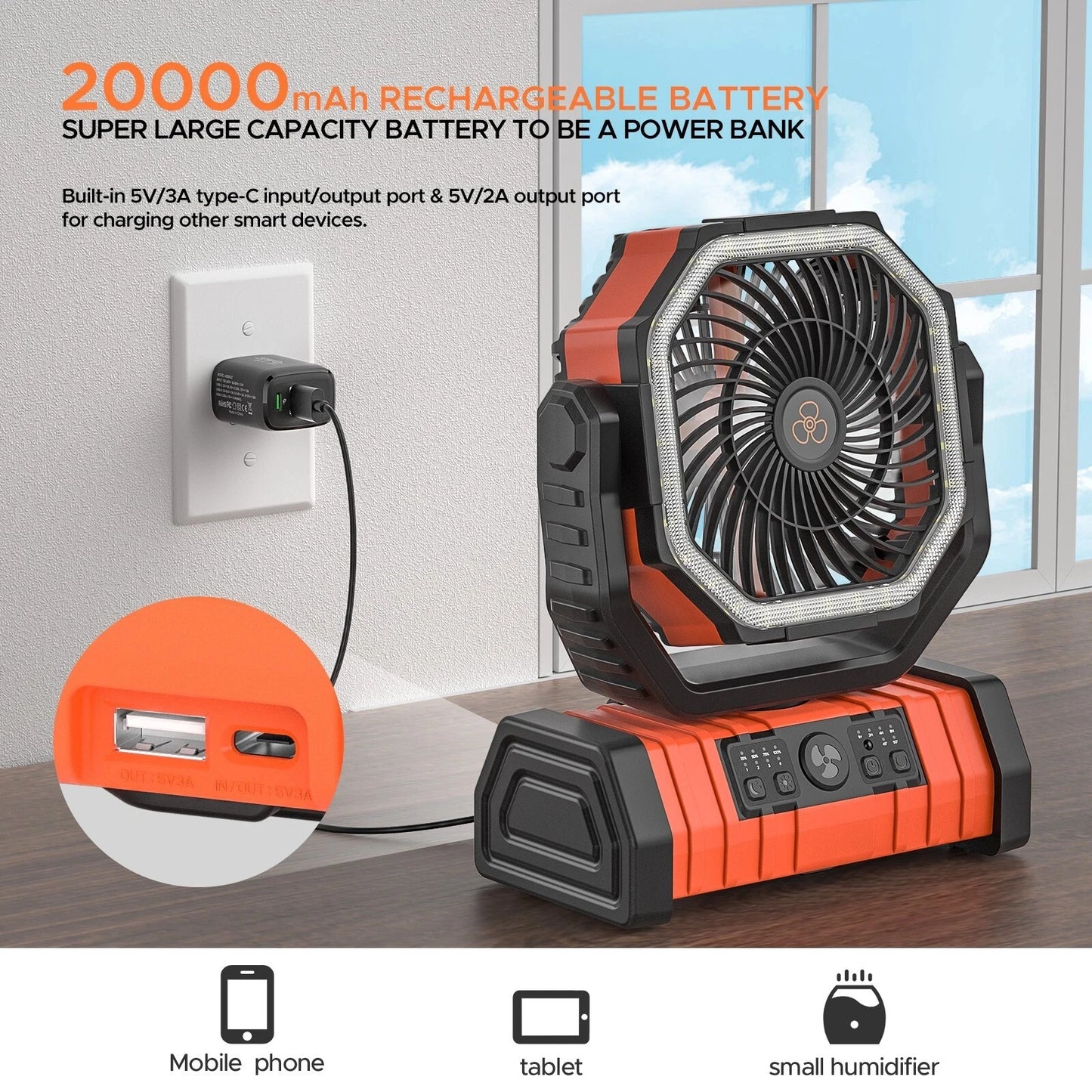 Camping Fan 20000mAh Battery Powered Portable LED Tent Fan