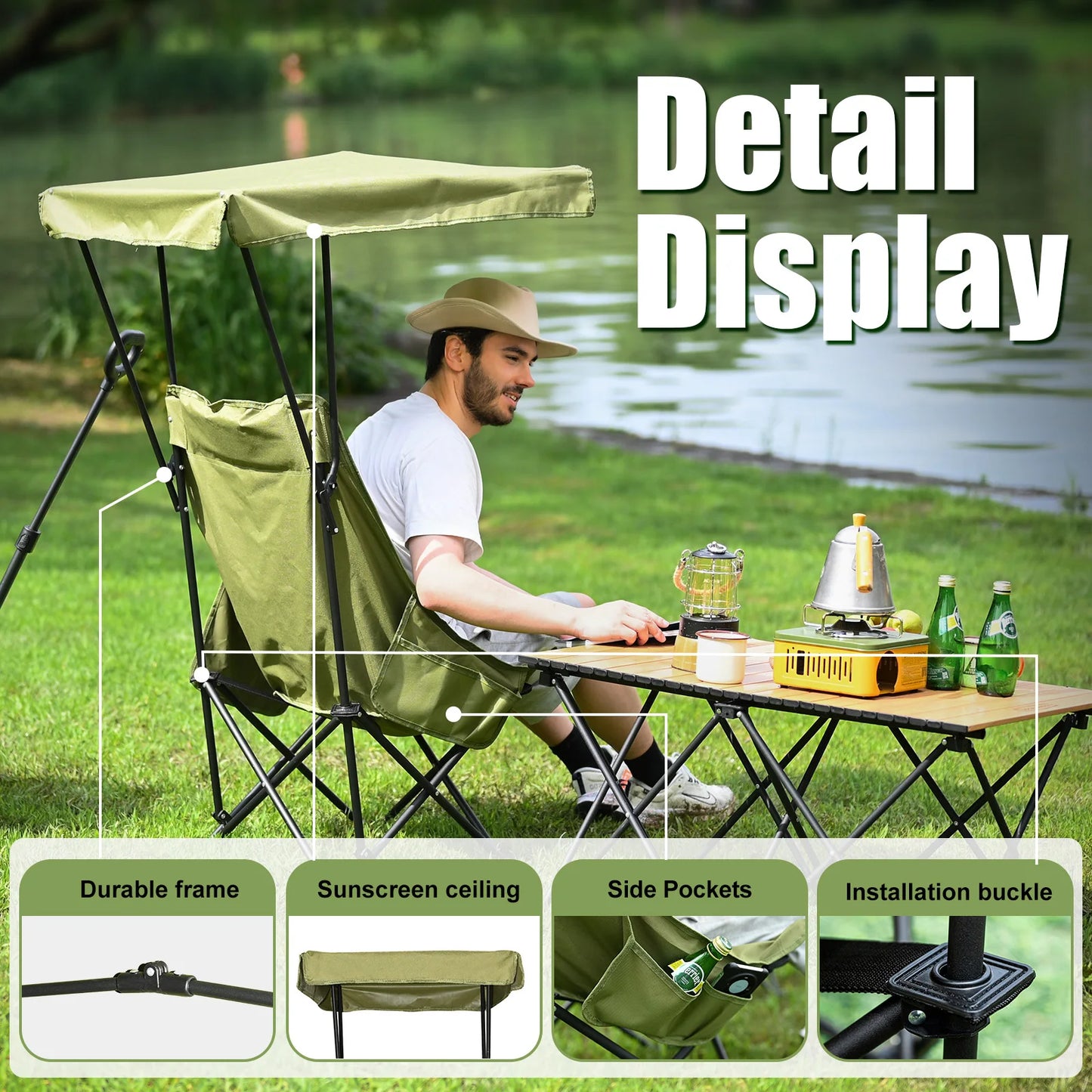 Young Wood Portable Camping Chair With Shade Canopy