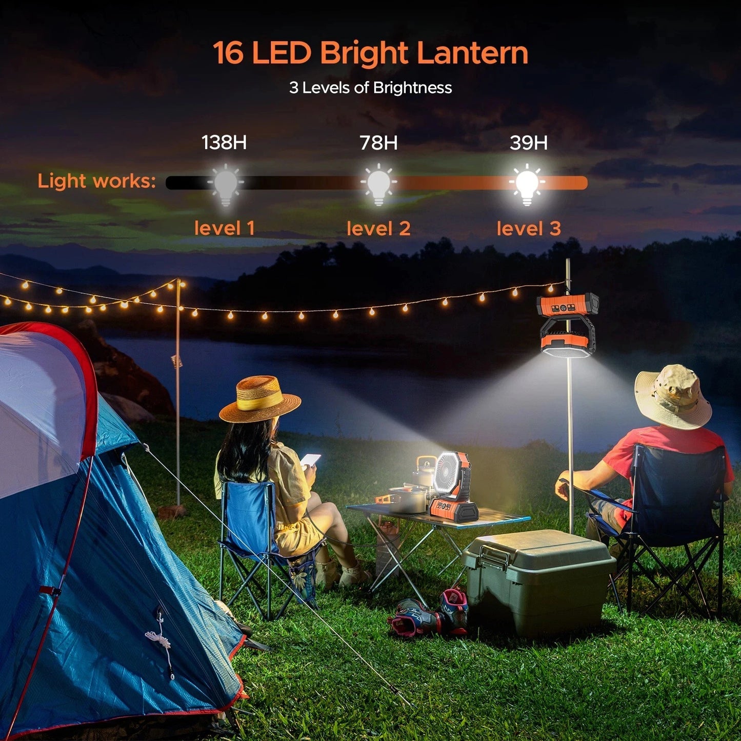 Camping Fan 20000mAh Battery Powered Portable LED Tent Fan