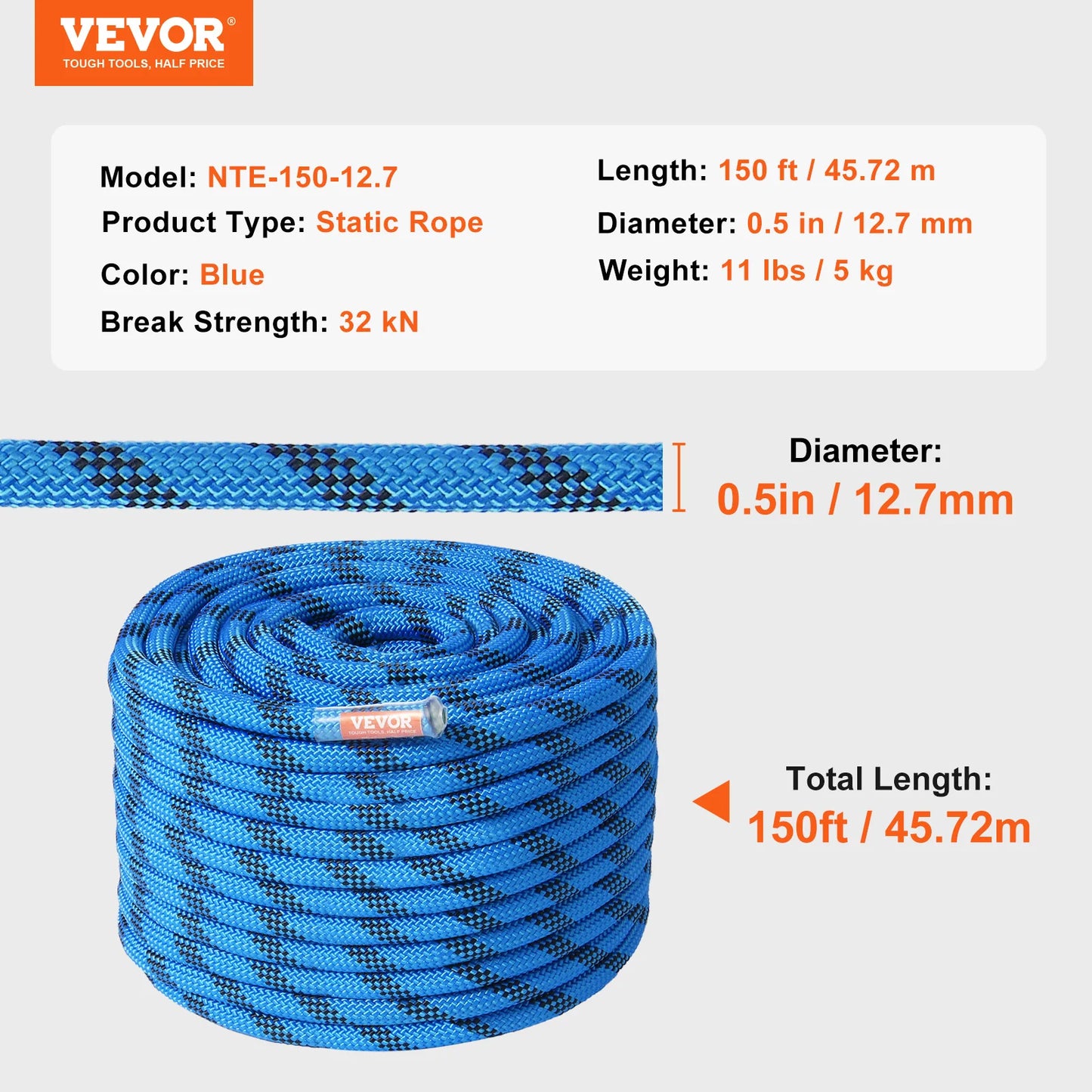 VEVOR Static Climbing Rope 32 kN Break Strength