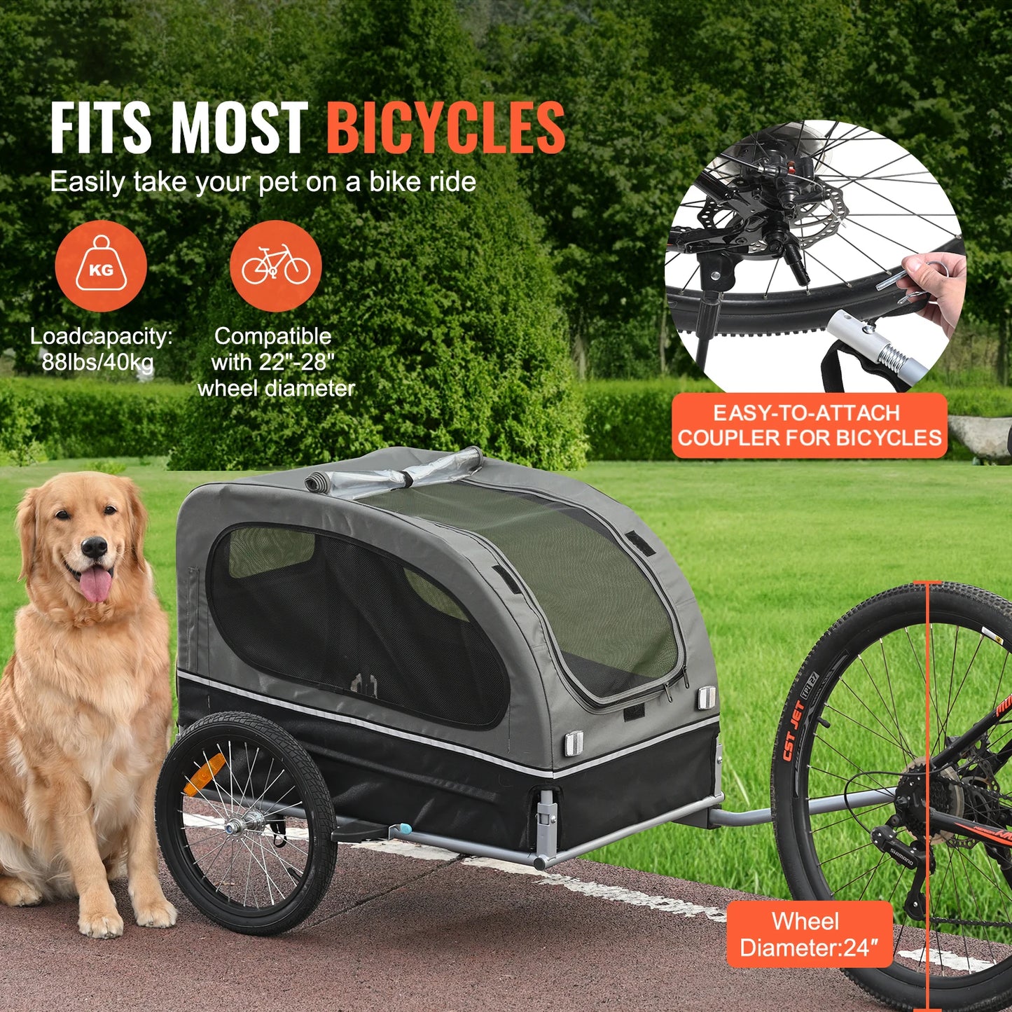 Dog Bike Trailer Cart With Wheels Reflectors Collapsible