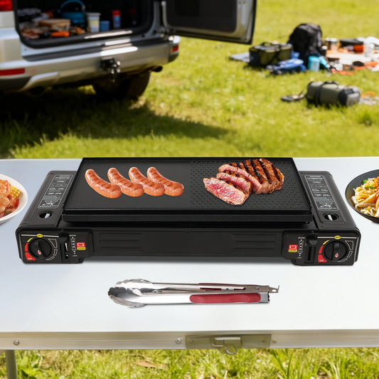 Portable Dual Fuel Camp Stove With Piezo Ignition Griddle