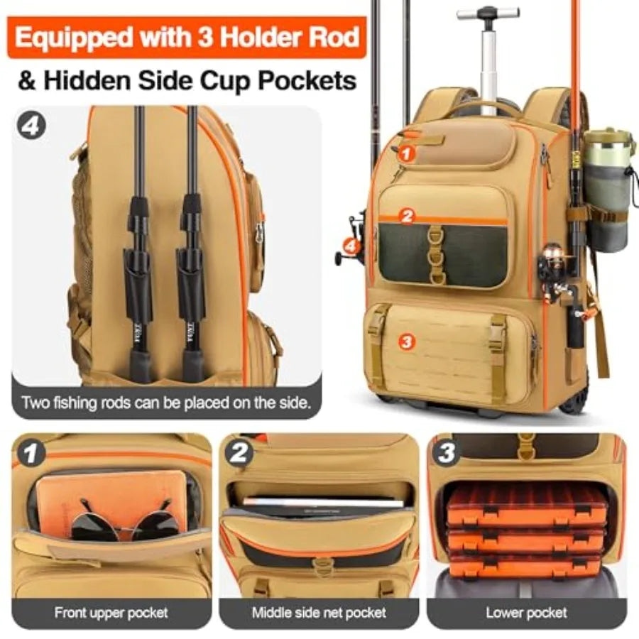 Rolling Fishing Backpack With Rod Holder And Wheels