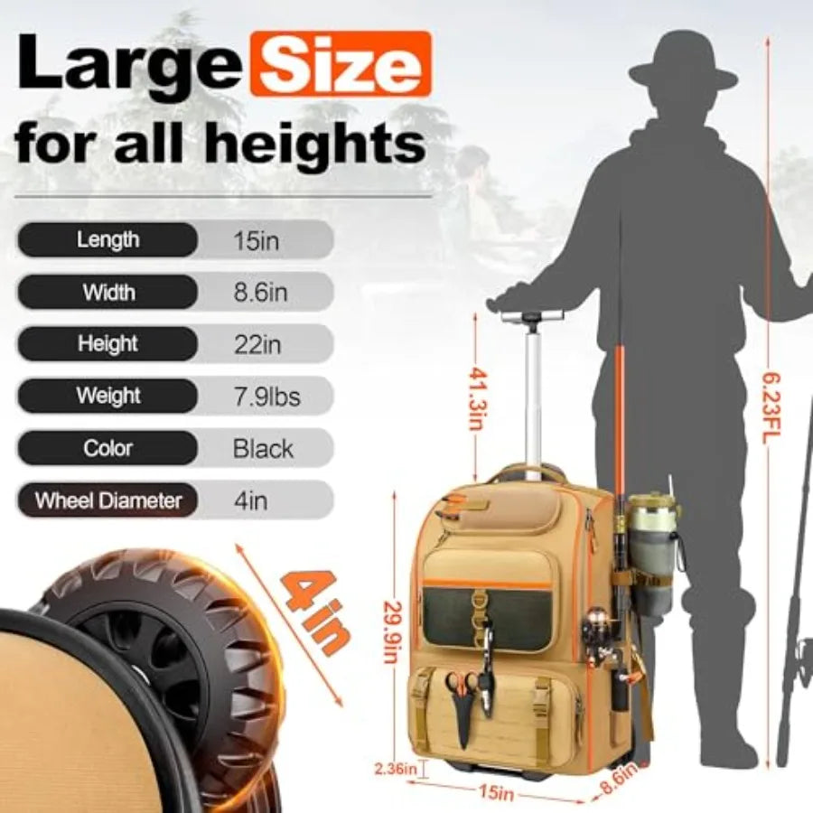 Rolling Fishing Backpack With Rod Holder And Wheels