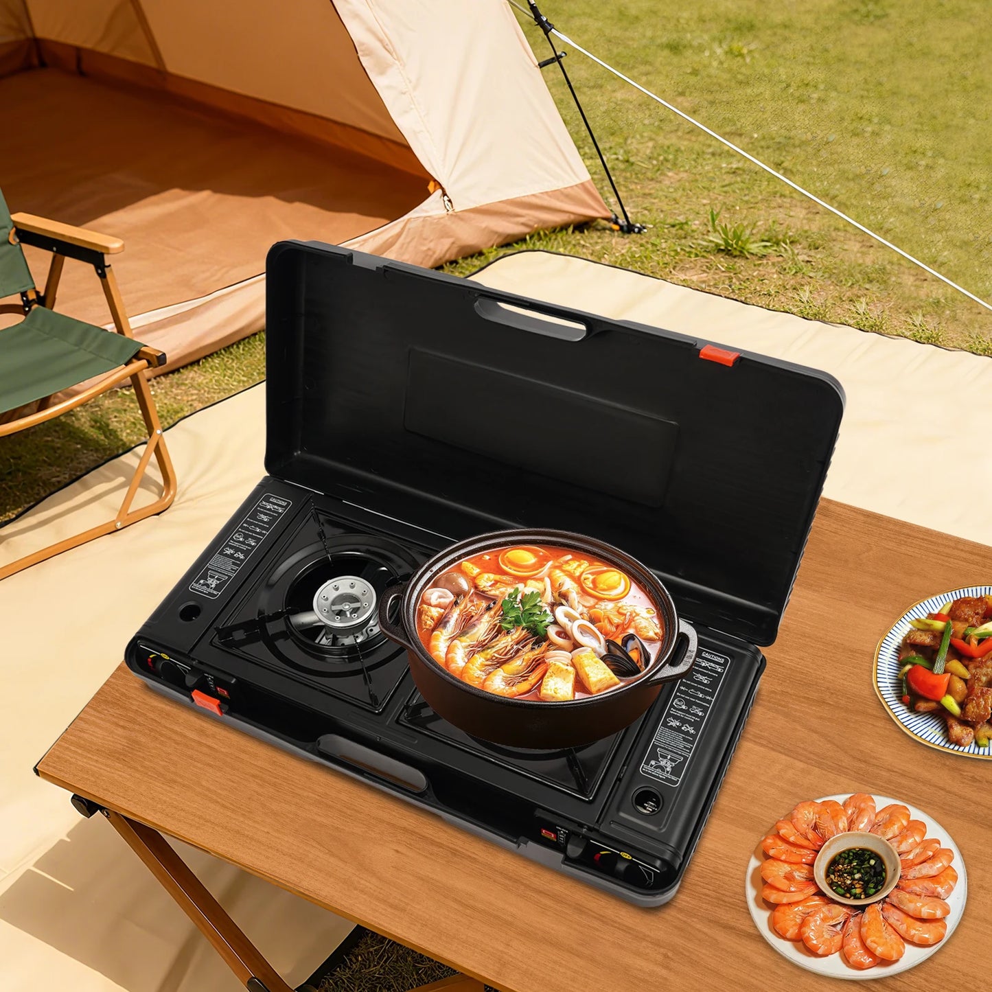 Portable Dual Fuel Camp Stove With Piezo Ignition Griddle