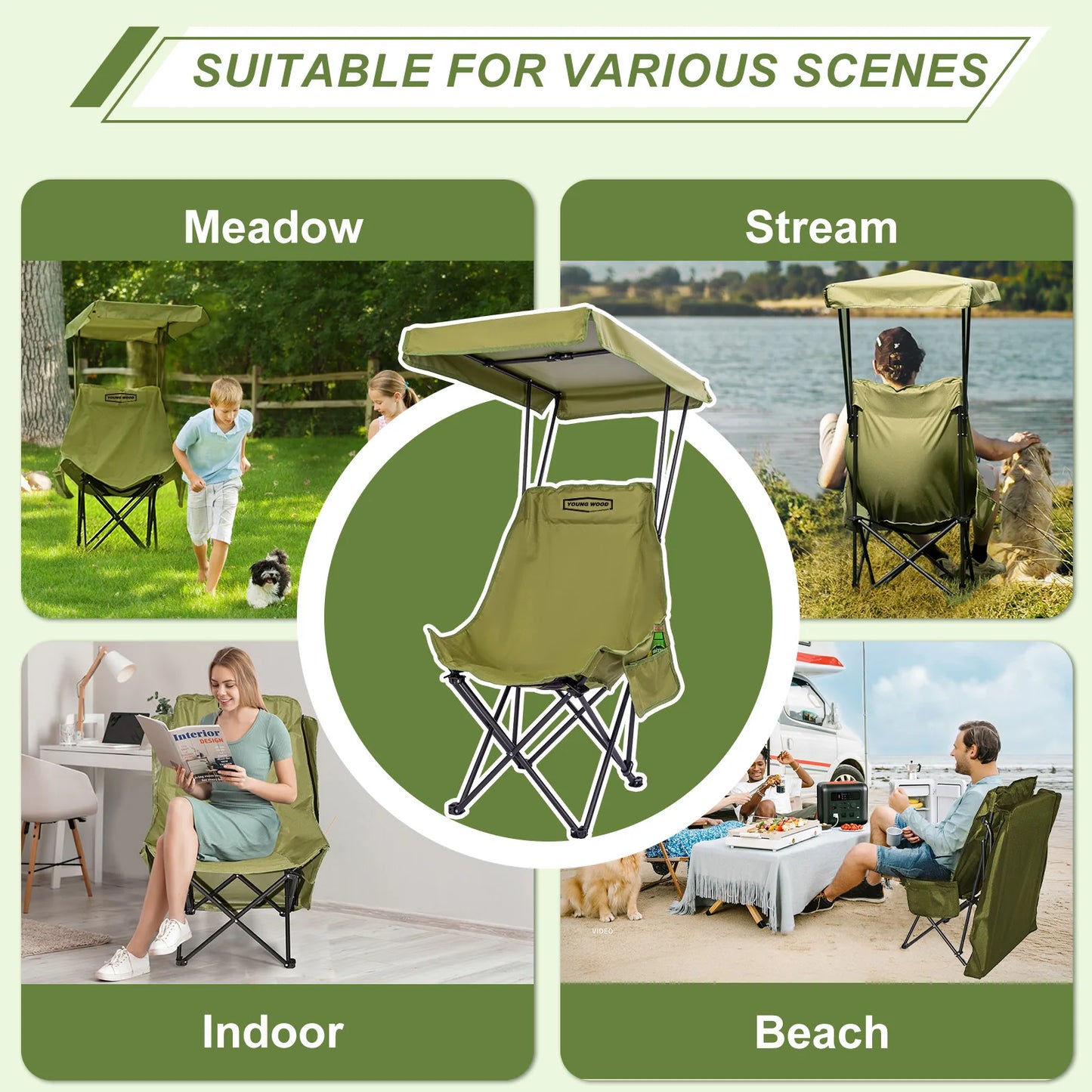 Young Wood Portable Camping Chair With Shade Canopy