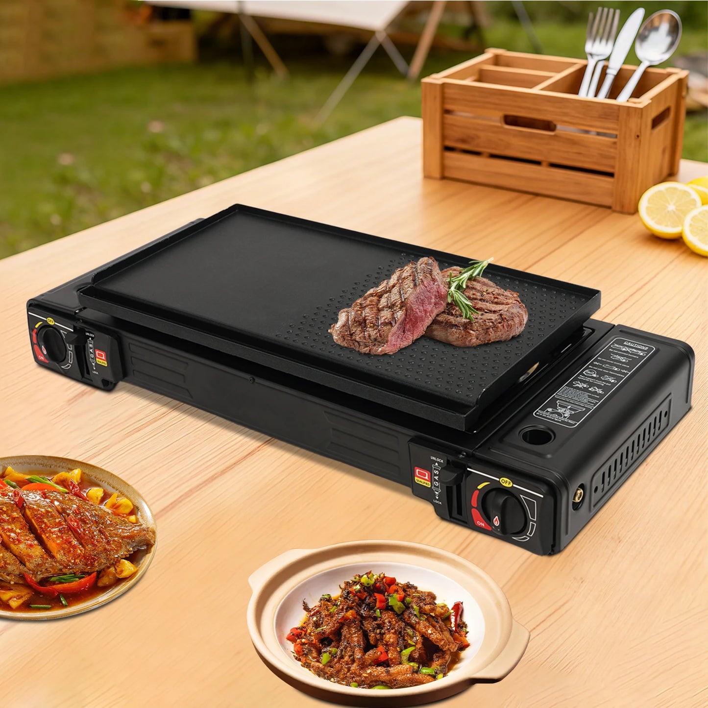 Portable Dual Fuel Camp Stove With Piezo Ignition Griddle