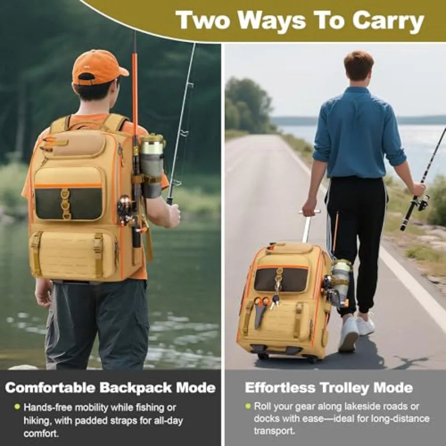 Rolling Fishing Backpack With Rod Holder And Wheels